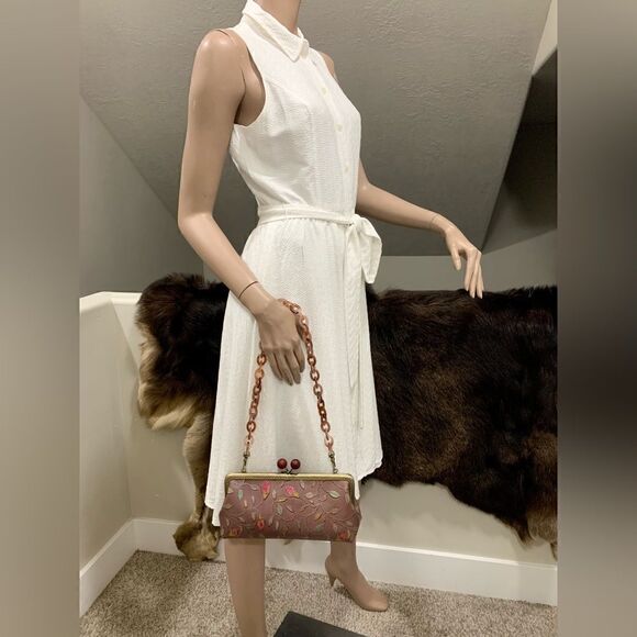 Handsewn Genuine Leather Wooden Ball Kisslock Clutch/Shoulder Bag/Crossbody - Picture 7 of 16